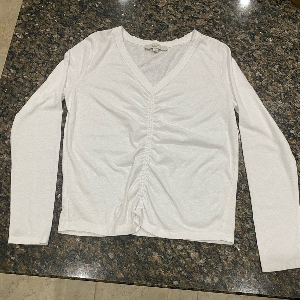 Loft ladies white cotton blend long sleeve shirt with cinched front Size Large